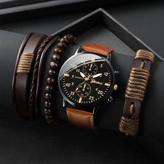 Relógio De Quartzo Masculino Pulseira De Couro + Conjuntos De Pulseiras