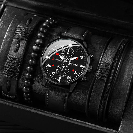 Relógio De Quartzo Masculino Pulseira De Couro + Conjuntos De Pulseiras
