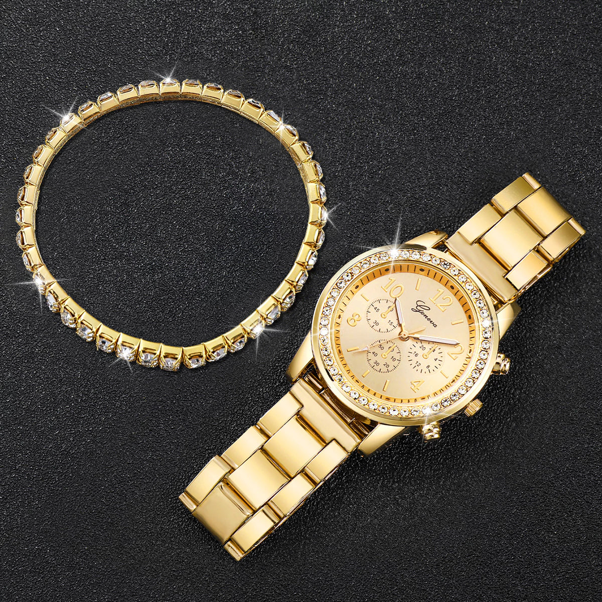 Relógio 2025 Quartzo De Aço Inoxidável - Pulseira P Cristal Strass Triplo Subdia