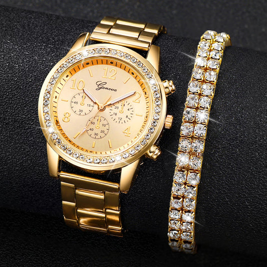 Relógio 2025 Quartzo De Aço Inoxidável - Pulseira P Cristal Strass Triplo Subdia