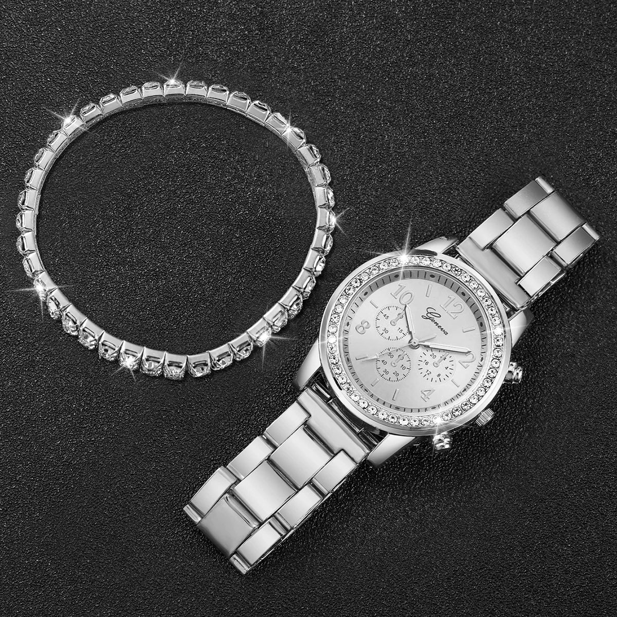 Relógio 2025 Quartzo De Aço Inoxidável - Pulseira P Cristal Strass Triplo Subdia