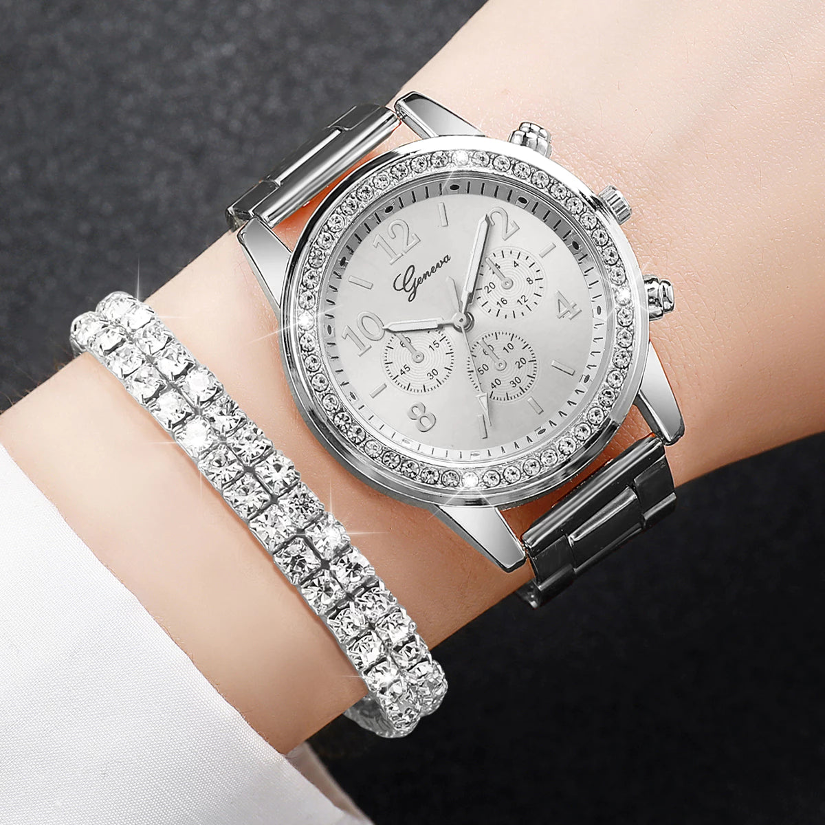 Relógio 2025 Quartzo De Aço Inoxidável - Pulseira P Cristal Strass Triplo Subdia