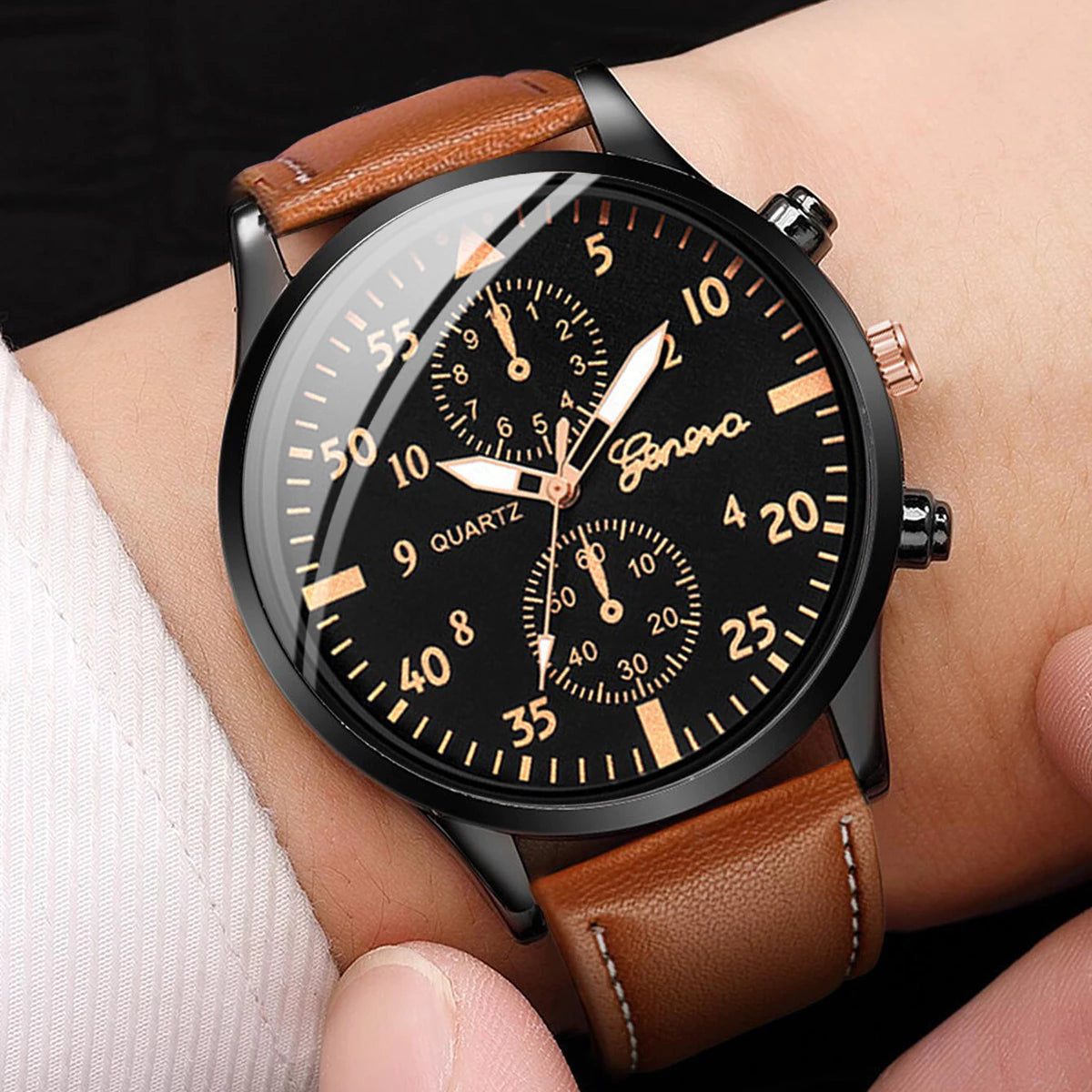 Relógio De Quartzo Masculino Pulseira De Couro + Conjuntos De Pulseiras