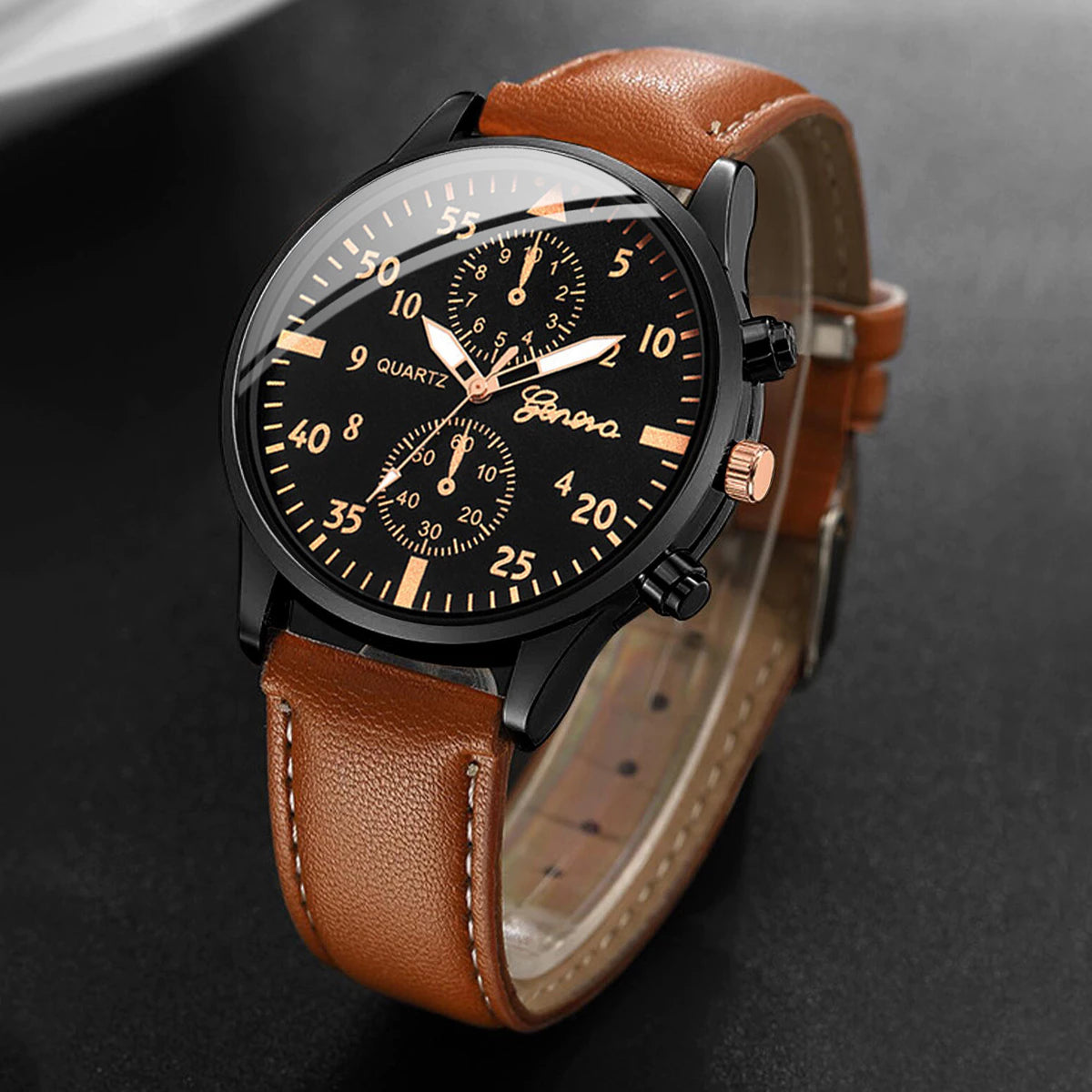 Relógio De Quartzo Masculino Pulseira De Couro + Conjuntos De Pulseiras