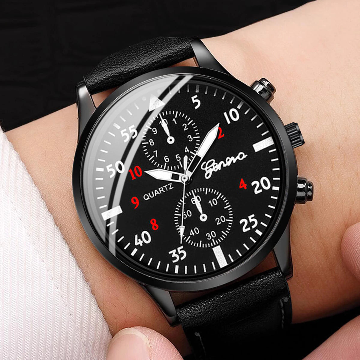 Relógio De Quartzo Masculino Pulseira De Couro + Conjuntos De Pulseiras