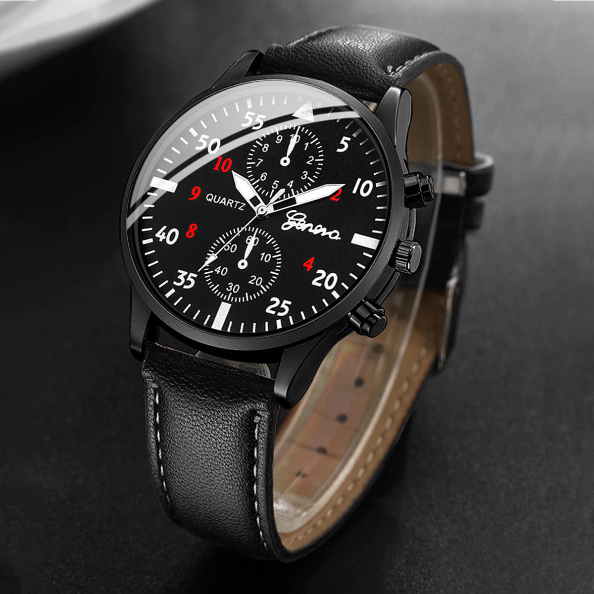 Relógio De Quartzo Masculino Pulseira De Couro + Conjuntos De Pulseiras
