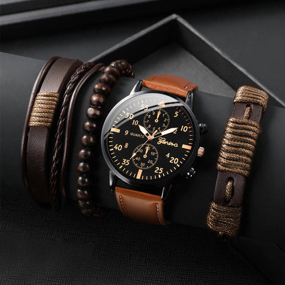 Relógio De Quartzo Masculino Pulseira De Couro + Conjuntos De Pulseiras