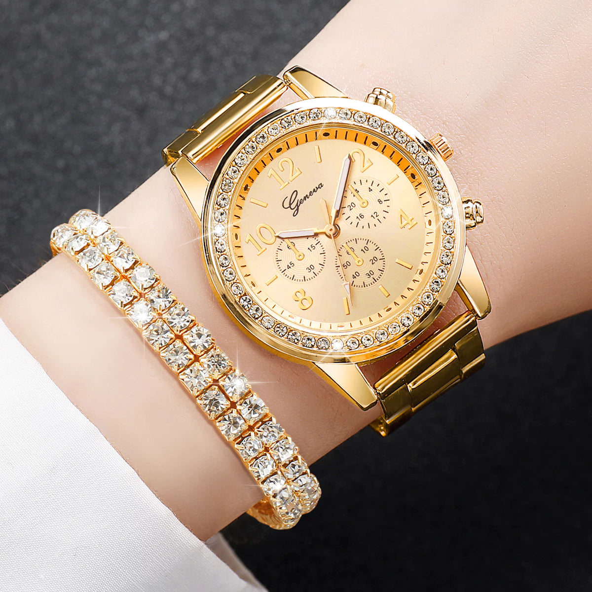 Relógio 2025 Quartzo De Aço Inoxidável - Pulseira P Cristal Strass Triplo Subdia