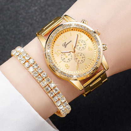 Relógio 2025 Quartzo De Aço Inoxidável - Pulseira P Cristal Strass Triplo Subdia